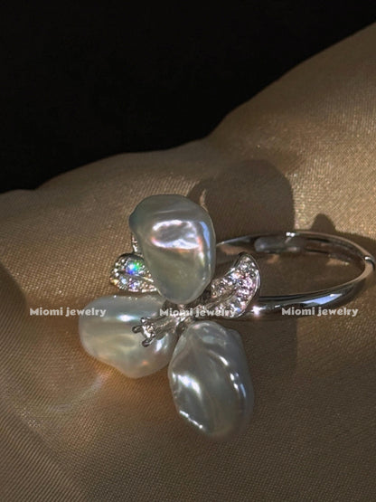 S925 silver ring with natural bule light pearl ring