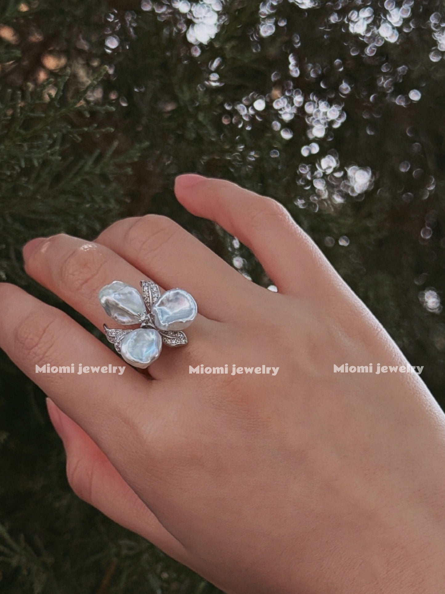 S925 silver ring with natural bule light pearl ring