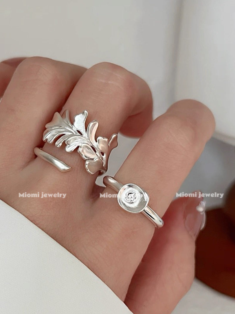 2pcs S925 Sterling Silver Unique Design Irregular Apricot Leaf Ring - Ingot-shaped, Matte, Light Luxury, High-end Sense Ring