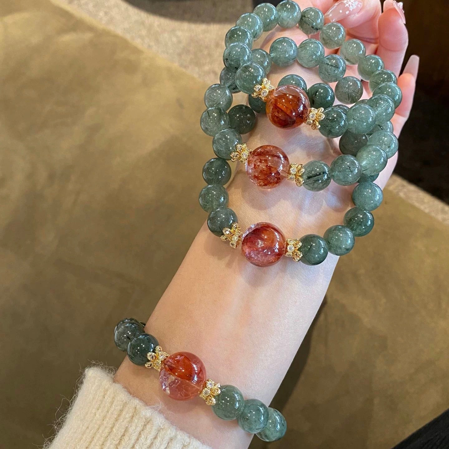 Original design natural green hair crystal fortune glue flower bracelet