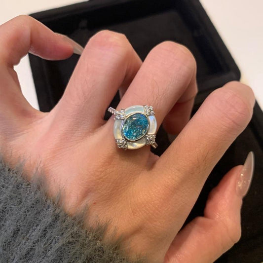 luxury Aquamarine Oval Fritillary Ring Female French vintage Court Vintage medieval color diamond ring opening