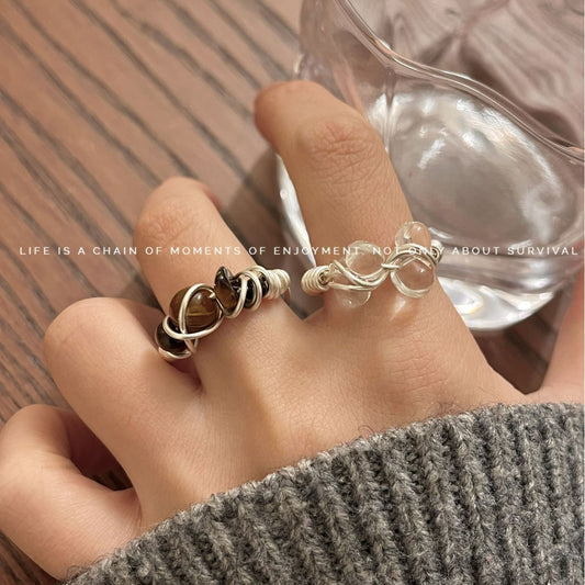 French fashion texture natural raw stone beaded ring personality wrap crystal tiger eye stone opening all-match ring
