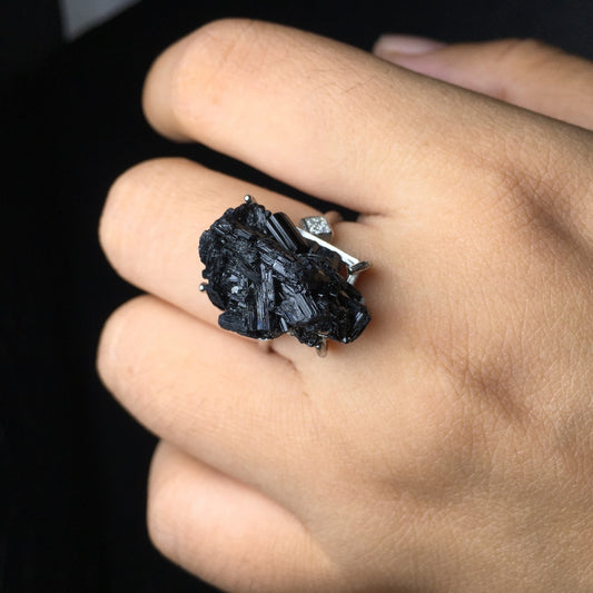 Natural black tourmaline ring, s925 silver setting