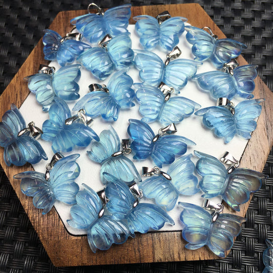 Natural aquamarine butterfly pendant with s925 silver button