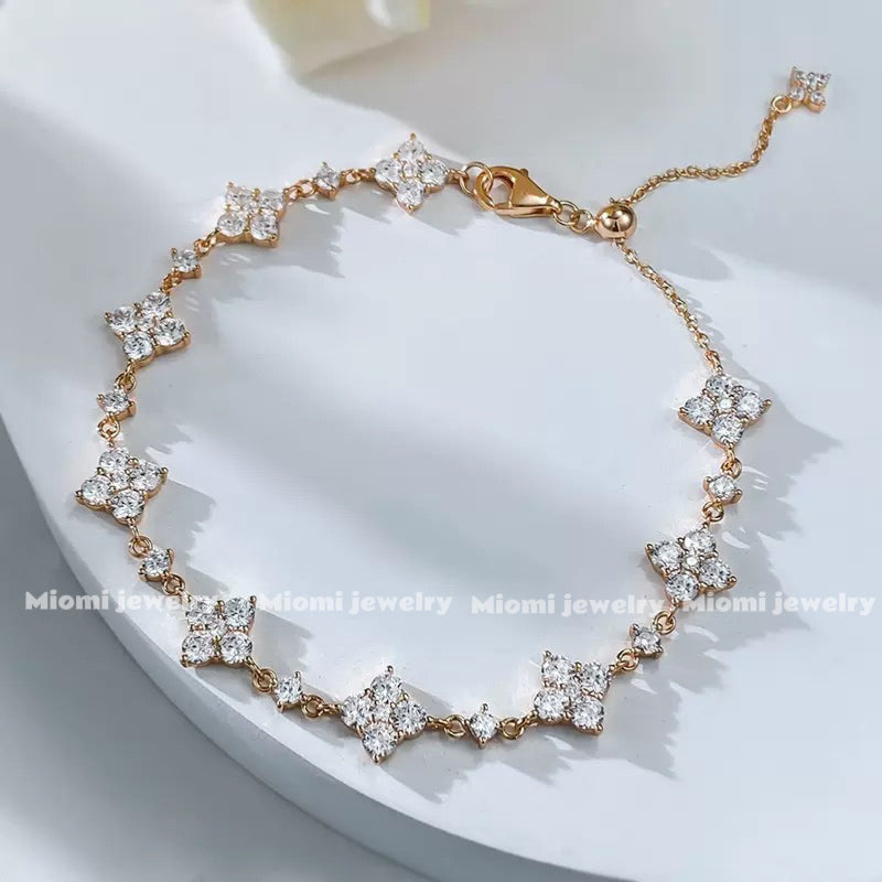 925 Sterling Silver Moissanite 18k Gold Plated Four-Leaf Clover Bracelet for Women