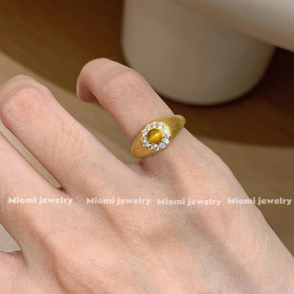 S925 Sterling Silver Natural Tiger's Eye Vintage Brushed Craft Tail Ring for Women - Mocha & Maillard Style Retro Ring