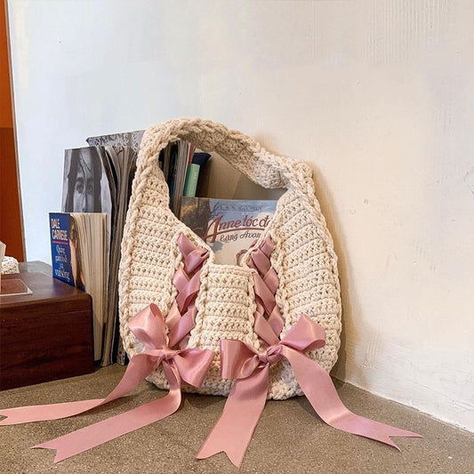 Crochet ins wind bow ribbon hand bill Shoulder bag Homemade underarm bag