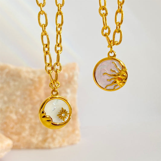 ‌Retro 3D Sun Moon Round Coin Necklace with Mother-of-Pearl Pendant‌
‌Titanium Steel Electroplated with Real Gold‌ whimsical