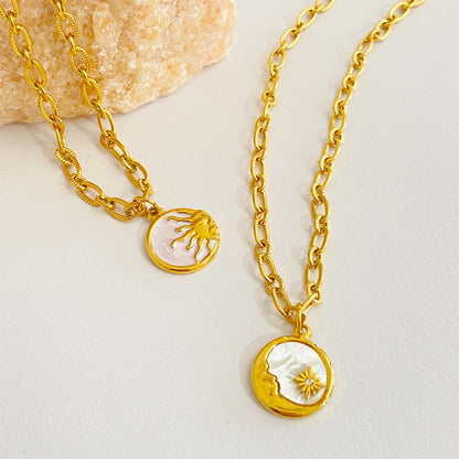 ‌Retro 3D Sun Moon Round Coin Necklace with Mother-of-Pearl Pendant‌
‌Titanium Steel Electroplated with Real Gold‌ whimsical