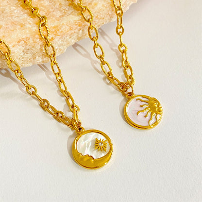 ‌Retro 3D Sun Moon Round Coin Necklace with Mother-of-Pearl Pendant‌
‌Titanium Steel Electroplated with Real Gold‌ whimsical