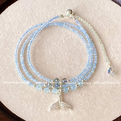 mermaid natural crystal aquamarine jewelry cut-facet three-circle multi-layer bracelet with fish tail pull-type silver bracele fairy