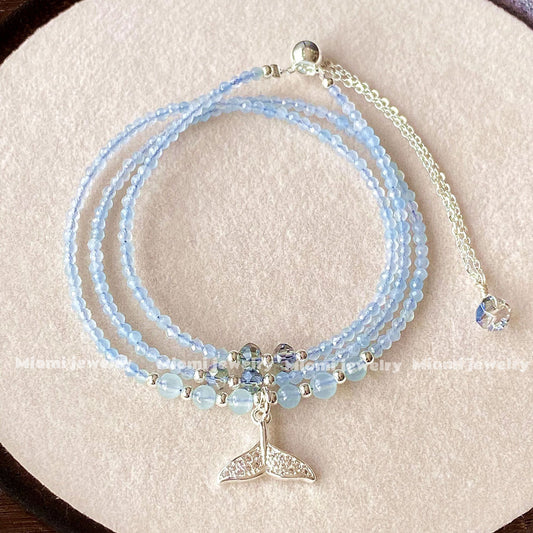 mermaid natural crystal aquamarine jewelry cut-facet three-circle multi-layer bracelet with fish tail pull-type silver bracele fairy