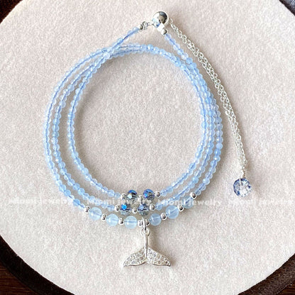 mermaid natural crystal aquamarine jewelry cut-facet three-circle multi-layer bracelet with fish tail pull-type silver bracele fairy