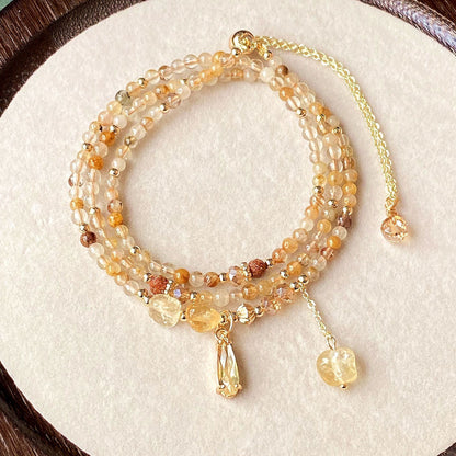 Natural Crystal Multi-layer Caramel Yellow Hairline Yellow Crystal Trichlorite Three-circle Bracelet‌