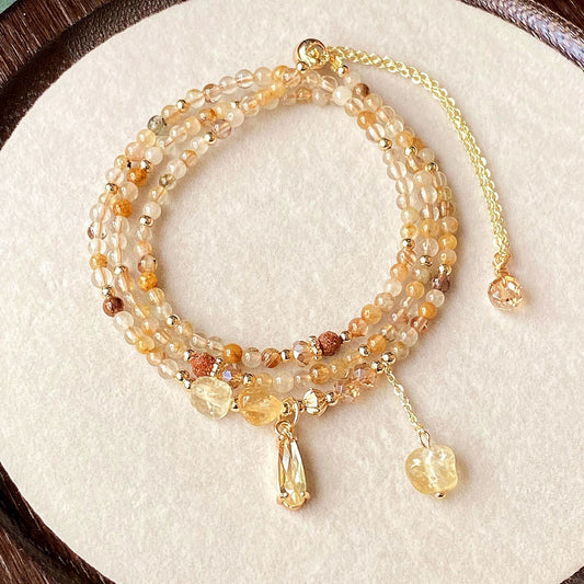 Natural Crystal Multi-layer Caramel Yellow Hairline Yellow Crystal Trichlorite Three-circle Bracelet‌