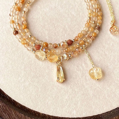 Natural Crystal Multi-layer Caramel Yellow Hairline Yellow Crystal Trichlorite Three-circle Bracelet‌