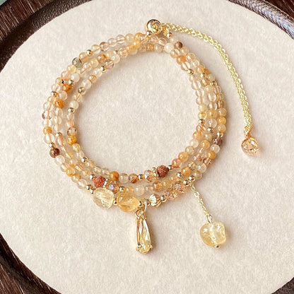 Natural Crystal Multi-layer Caramel Yellow Hairline Yellow Crystal Trichlorite Three-circle Bracelet‌
