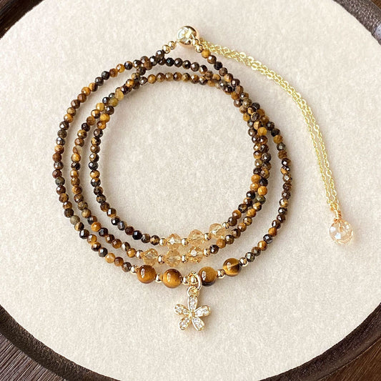 Natural crystalRutilated Quartz with Faceted Yellow Tiger's Eye, Multi-Layer Triple-Wrap Bracelet Size fairy flower Vintage