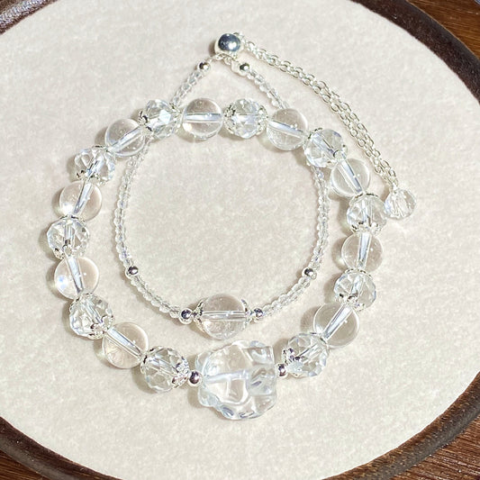 Natural clear quartz Crystal Round Beads, Carved Nine-Tailed Fox, 2-Piece Stackable Double Bracelets whimsical