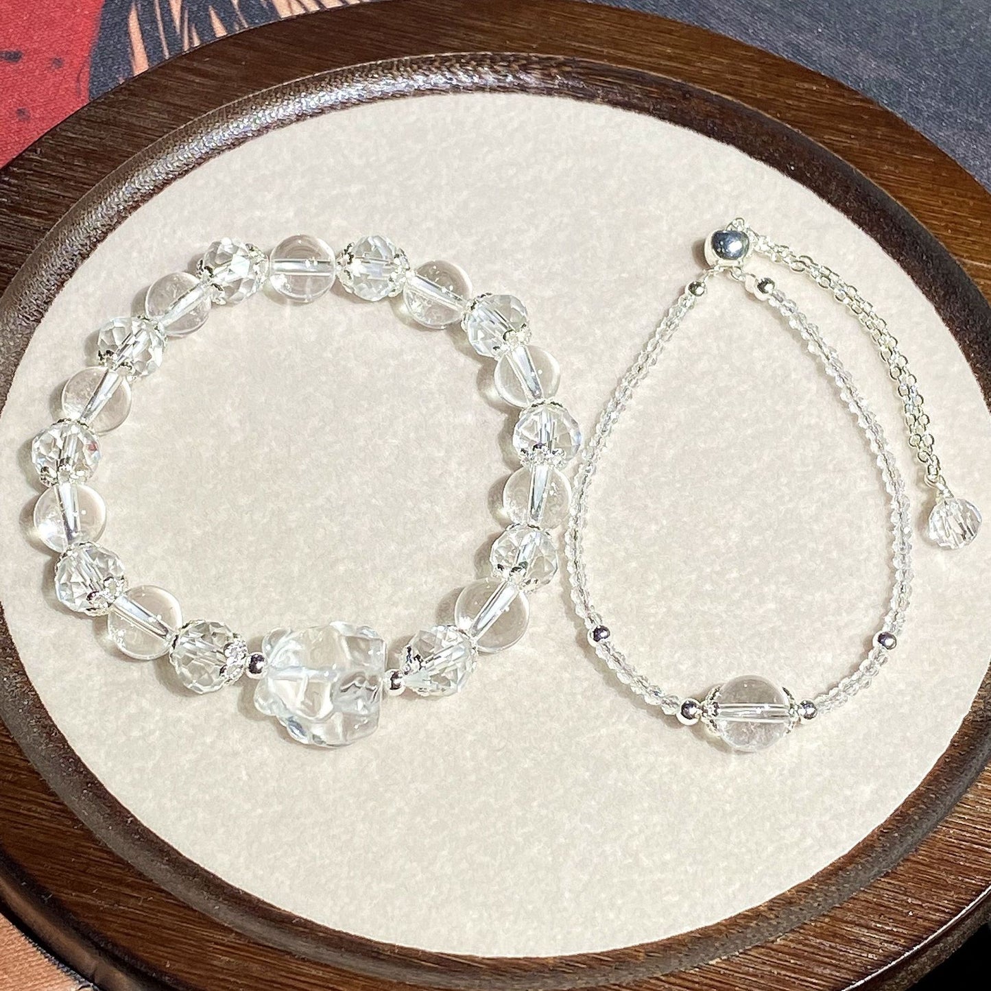 Natural clear quartz Crystal Round Beads, Carved Nine-Tailed Fox, 2-Piece Stackable Double Bracelets whimsical