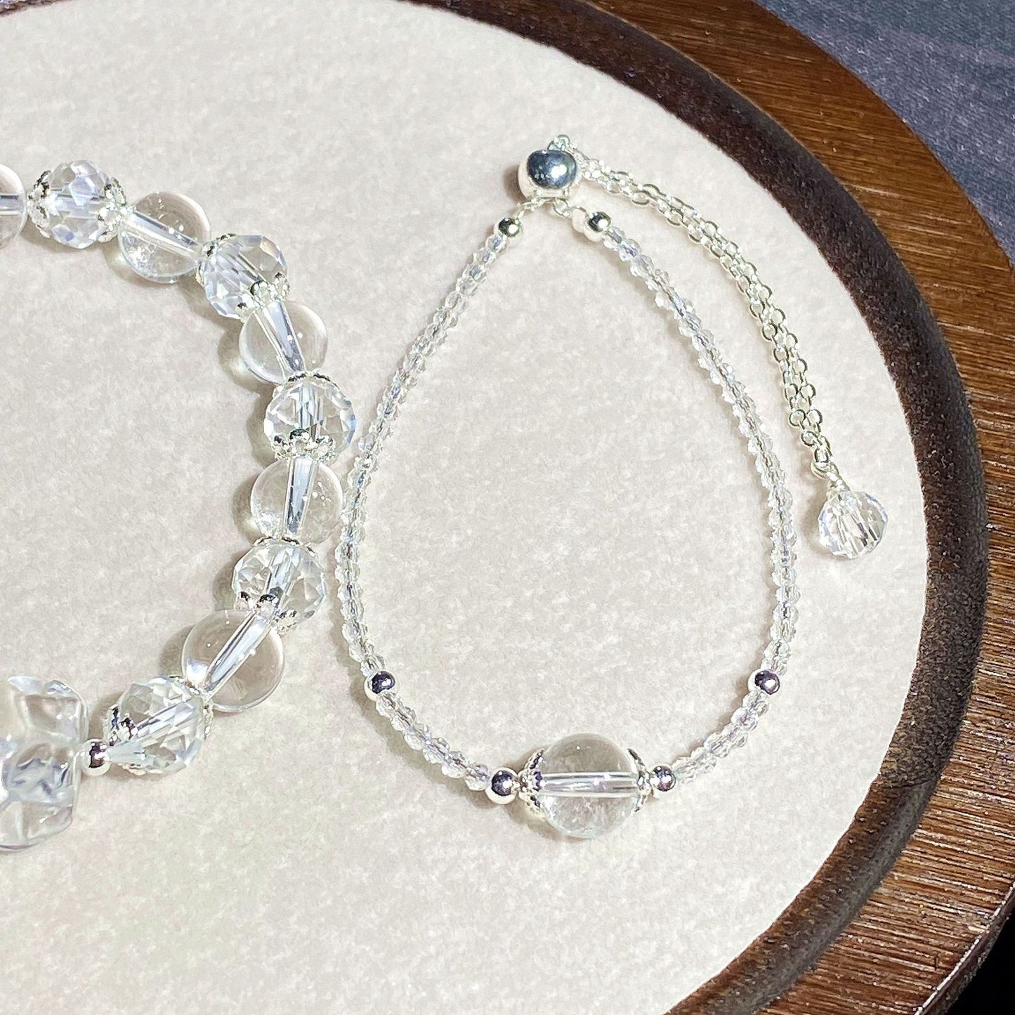Natural clear quartz Crystal Round Beads, Carved Nine-Tailed Fox, 2-Piece Stackable Double Bracelets whimsical