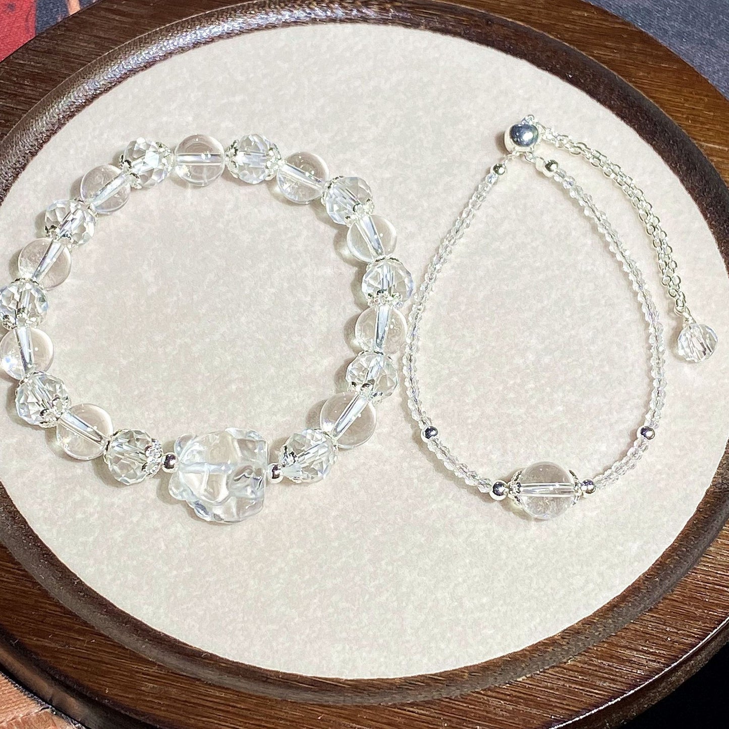 Natural clear quartz Crystal Round Beads, Carved Nine-Tailed Fox, 2-Piece Stackable Double Bracelets whimsical