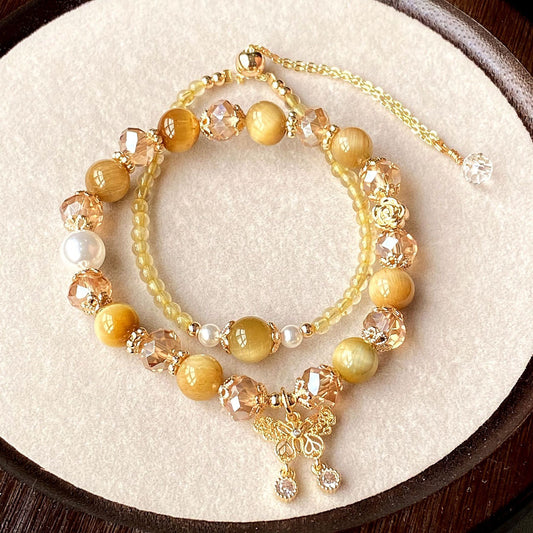 natural gold tiger eye butterfly crystal 2pcs stackable bracelet