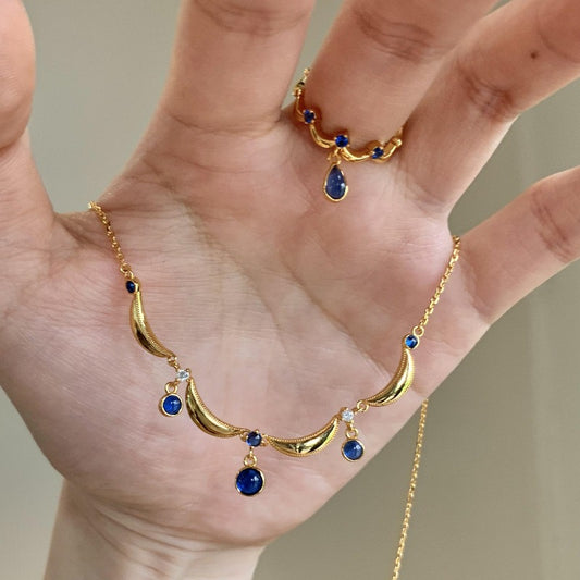 Sapphire Ring and Necklace Set with Ancient Craftsmanship. The tassel teardrop design gives it a high-end, light luxury, delicate, niche and elegant temperament. set