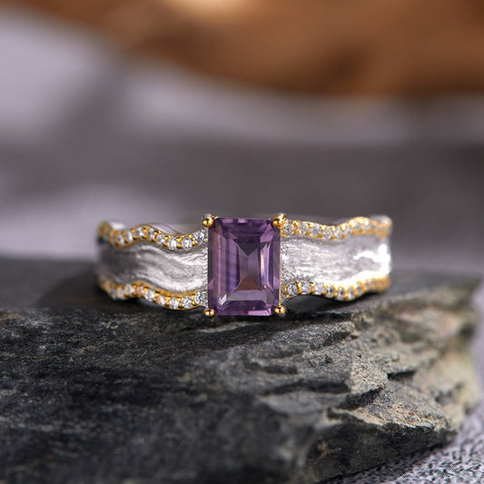 Ring with Textured Concave Frosted Opening. S925 Sterling Silver Ring Inlaid with Natural Peridot, Amethyst, Citrine ring