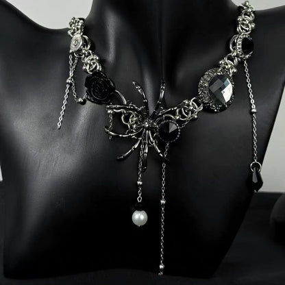 Spider Button Rose Tassel Butterfly Necklace, Niche Heavy Craftsmanship, Punk Hottie Style, Stylish, Sweet and Cool, Versatile Collarbone y2k gothic witch