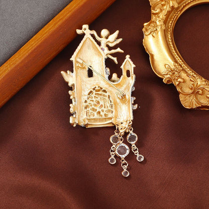 whimsical Fairy Tale Castle Angel Alloy Rhinestone Brooch, Versatile Vintage Brooch, Ancient Style pin