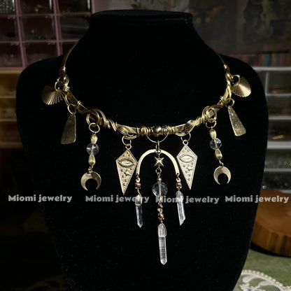 Vintage Patina Bronze Handmade Wire-Wrapped Beaded Choker, Collar gothic whimsical