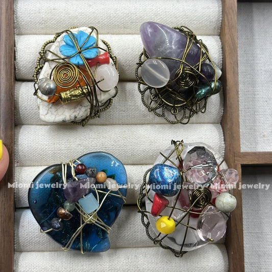 1pcs -miomi oranginal Vintage European Imported Court Style, Heavy Craftsmanship Natural Stone & Old Glass Handmade Open Ring, Woven Ring, Adjustable, Random Delivery！whimsical witch vintage