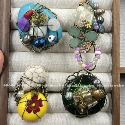 1pcs -miomi oranginal Vintage European Imported Court Style, Heavy Craftsmanship Natural Stone & Old Glass Handmade Open Ring, Woven Ring, Adjustable, Random Delivery！whimsical witch vintage