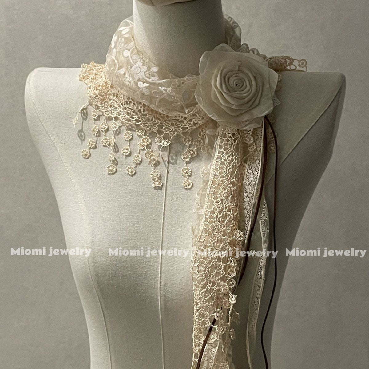 Original handmade Design Vintage Tassel Flower Triangle Lace Apricot Scarf, vingage Forest Style Silk Scarf, Niche for Women, Travel Shawl [Ships Within 15 Days] fairy