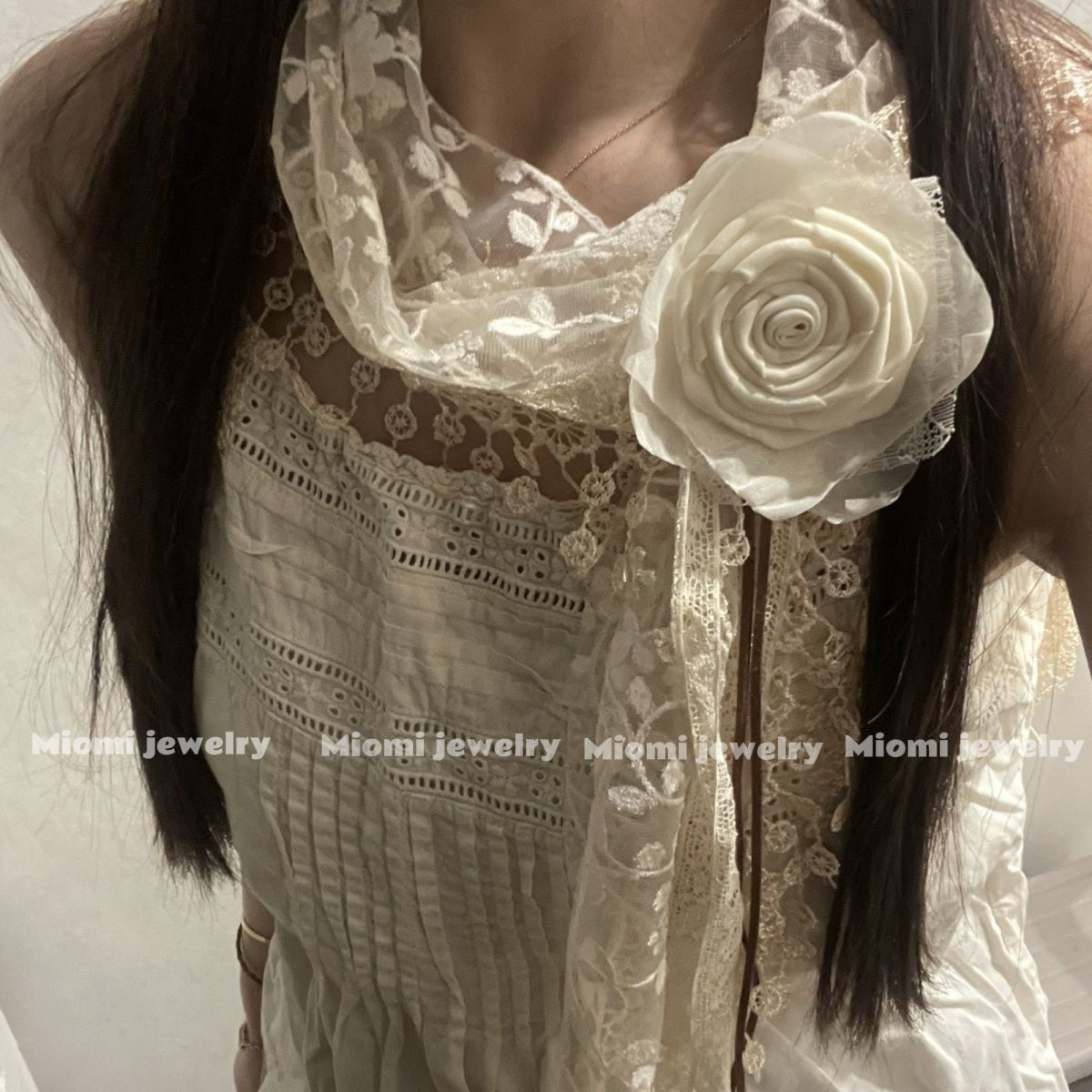 Original handmade Design Vintage Tassel Flower Triangle Lace Apricot Scarf, vingage Forest Style Silk Scarf, Niche for Women, Travel Shawl [Ships Within 15 Days] fairy