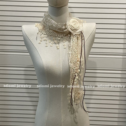 Original handmade Design Vintage Tassel Flower Triangle Lace Apricot Scarf, vingage Forest Style Silk Scarf, Niche for Women, Travel Shawl [Ships Within 15 Days] fairy