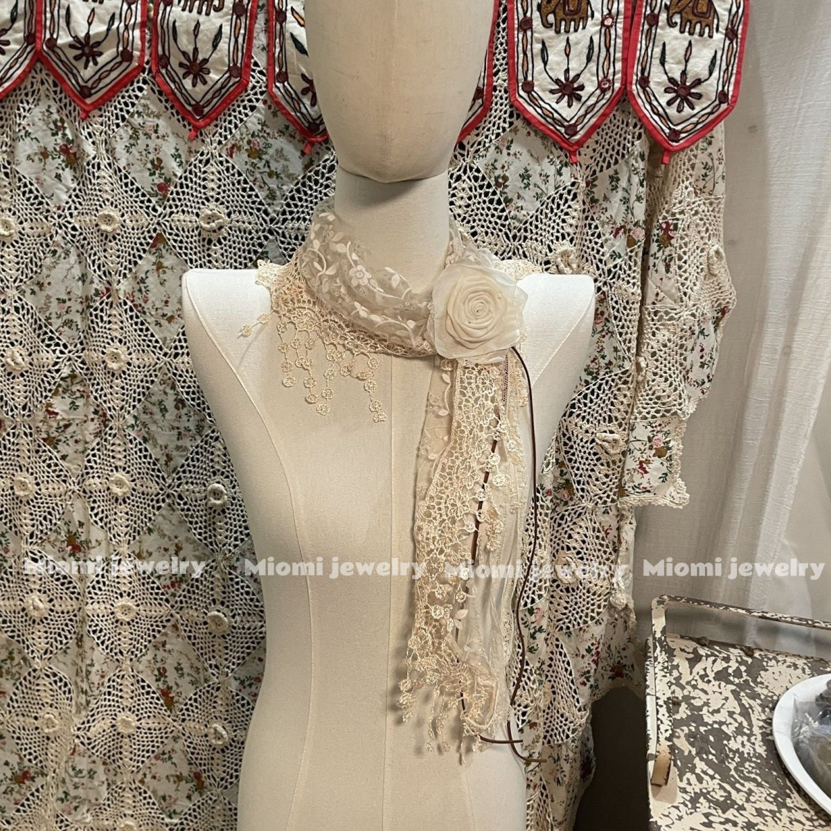 Original handmade Design Vintage Tassel Flower Triangle Lace Apricot Scarf, vingage Forest Style Silk Scarf, Niche for Women, Travel Shawl [Ships Within 15 Days] fairy