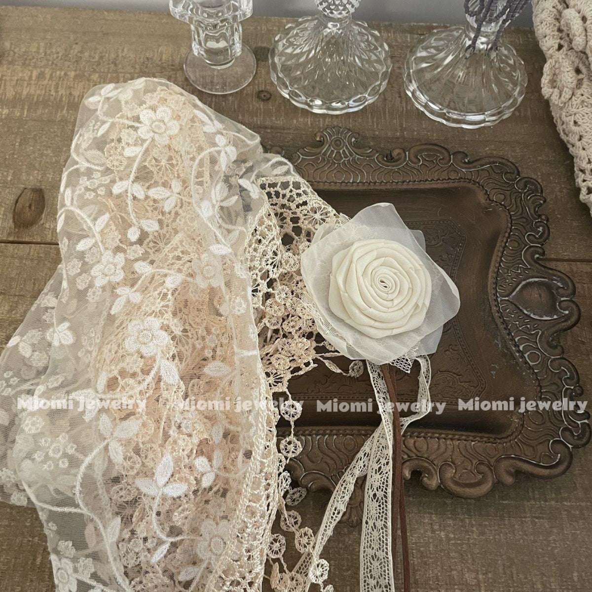 Original handmade Design Vintage Tassel Flower Triangle Lace Apricot Scarf, vingage Forest Style Silk Scarf, Niche for Women, Travel Shawl [Ships Within 15 Days] fairy