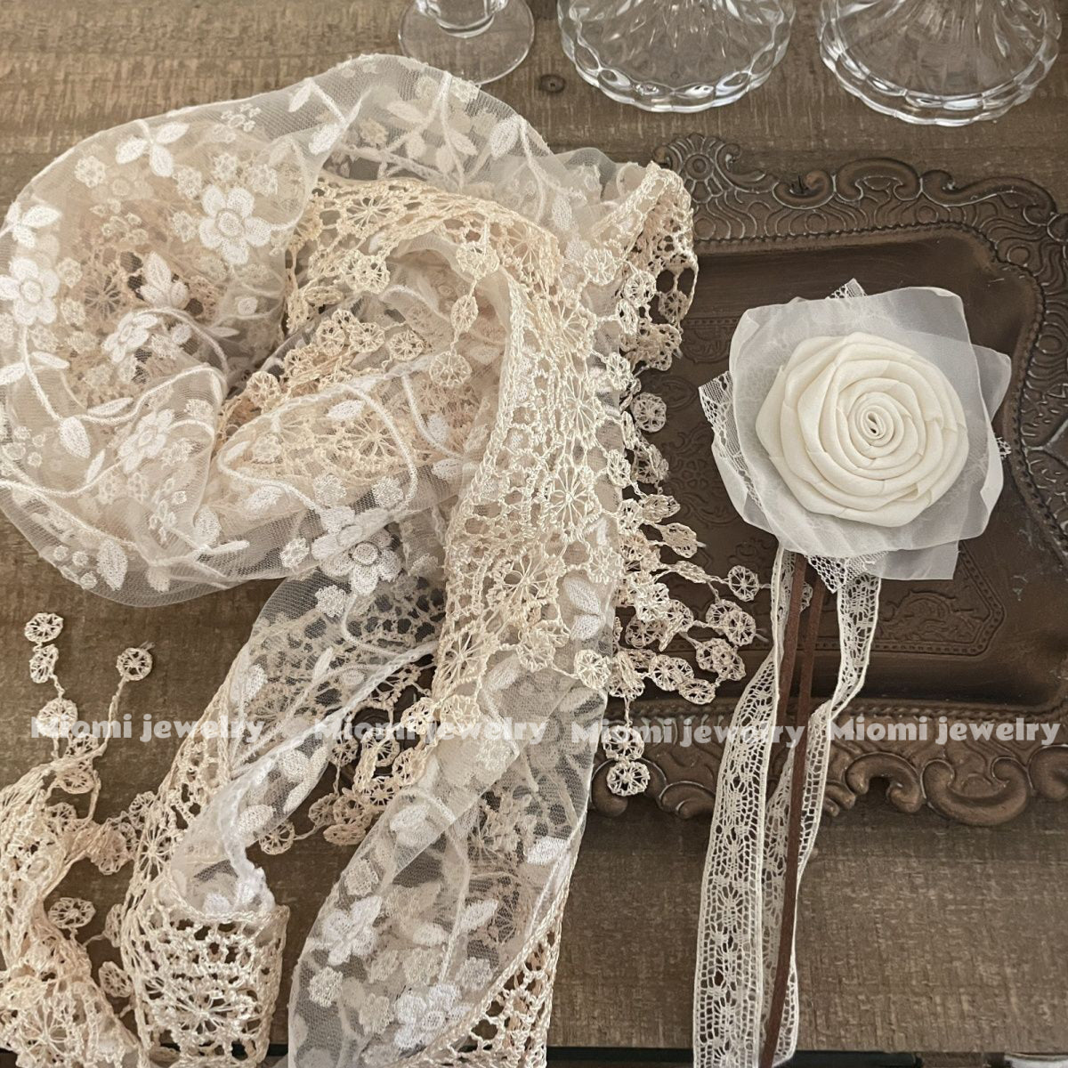 Original handmade Design Vintage Tassel Flower Triangle Lace Apricot Scarf, vingage Forest Style Silk Scarf, Niche for Women, Travel Shawl [Ships Within 15 Days] fairy