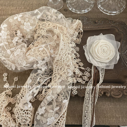 Original handmade Design Vintage Tassel Flower Triangle Lace Apricot Scarf, vingage Forest Style Silk Scarf, Niche for Women, Travel Shawl [Ships Within 15 Days] fairy