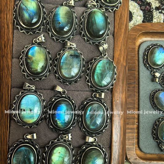 Handmade Natural Labradorite Pendant, Large Size 14*19MM, Blue-Green-Yellow Color Flash natural Labradorite Pendant vintage witch crystal