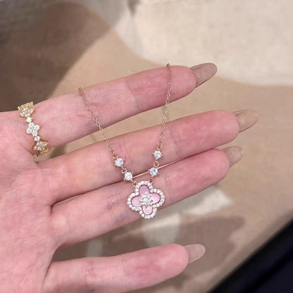 3pcs pink clover bracelet necklace earring set vintage