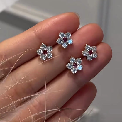 Italian Light Luxury High-End Jewelry 925 Sterling Silver Ruby Flower Pistil Five-Flower Small Diamond Earrings