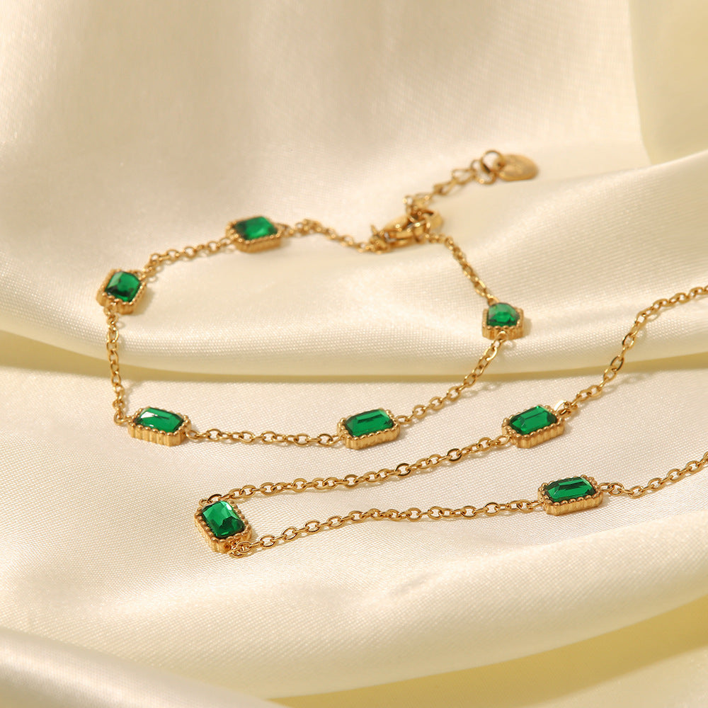 Ins Style Square Emerald Zircon Necklace Light Luxury Niche High-end Titanium Steel Collarbone Chain Necklace Bracelet