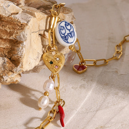 Stainless Steel Pearl Heart Conch Pendant Necklace Vacation Style Ocean Neck Jewelry Export Ins Style Accessories for Women