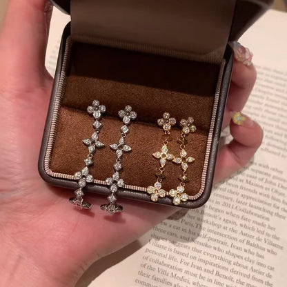 S925 Sterling Silver Light Luxury High Carbon Diamond Four-Leaf Clover Tassel Earrings High-End Sparkling Diamond Sweet Trendy Fashion