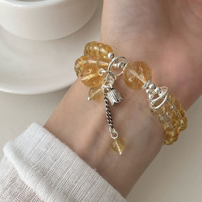 S925 Sterling Silver Yellow Crystal Double Circle Bracelet for Women New Chinese Style National Style Lily of the Valley Pendant Bracelet Gift for Girlfriend