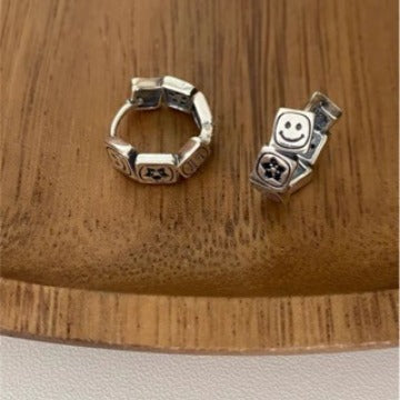 Korean Version S925 Sterling Silver Smiley Lucky Earrings Studs Vintage Retro Ins Niche Earrings Personality Fashion