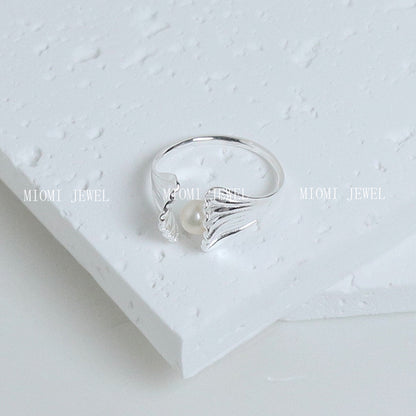 S925 Sterling Silver Beach Shell Tree Shadow Freshwater Pearl Ring for Women, Niche Design, Adjustable Open Smart Tail Ring